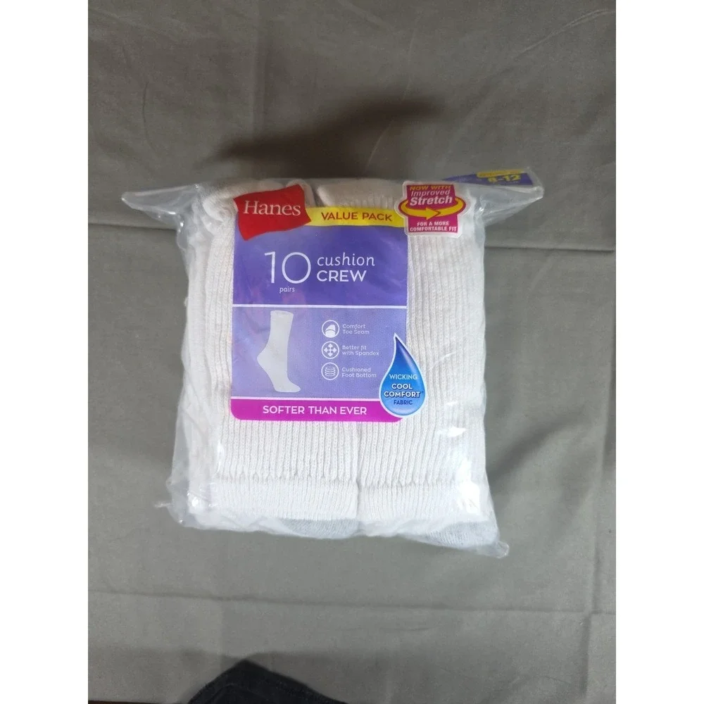 Hanes Womens Cushion Crew Socks 10 Pairs Size 8-12 Wicking Cool Comfort Fabric